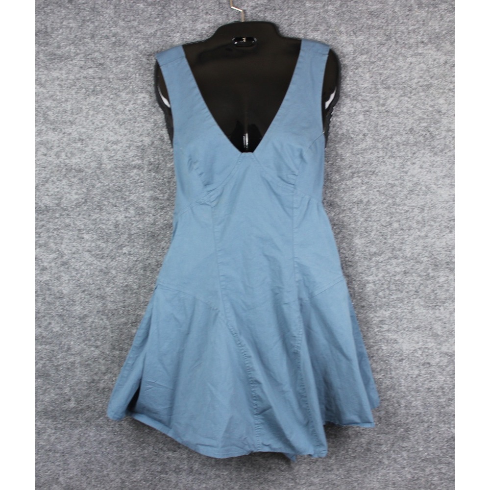 Free People‎ Fit & Flare Mini Dress Womens 4 Blue Excellent V-Neck Back Tie Sash